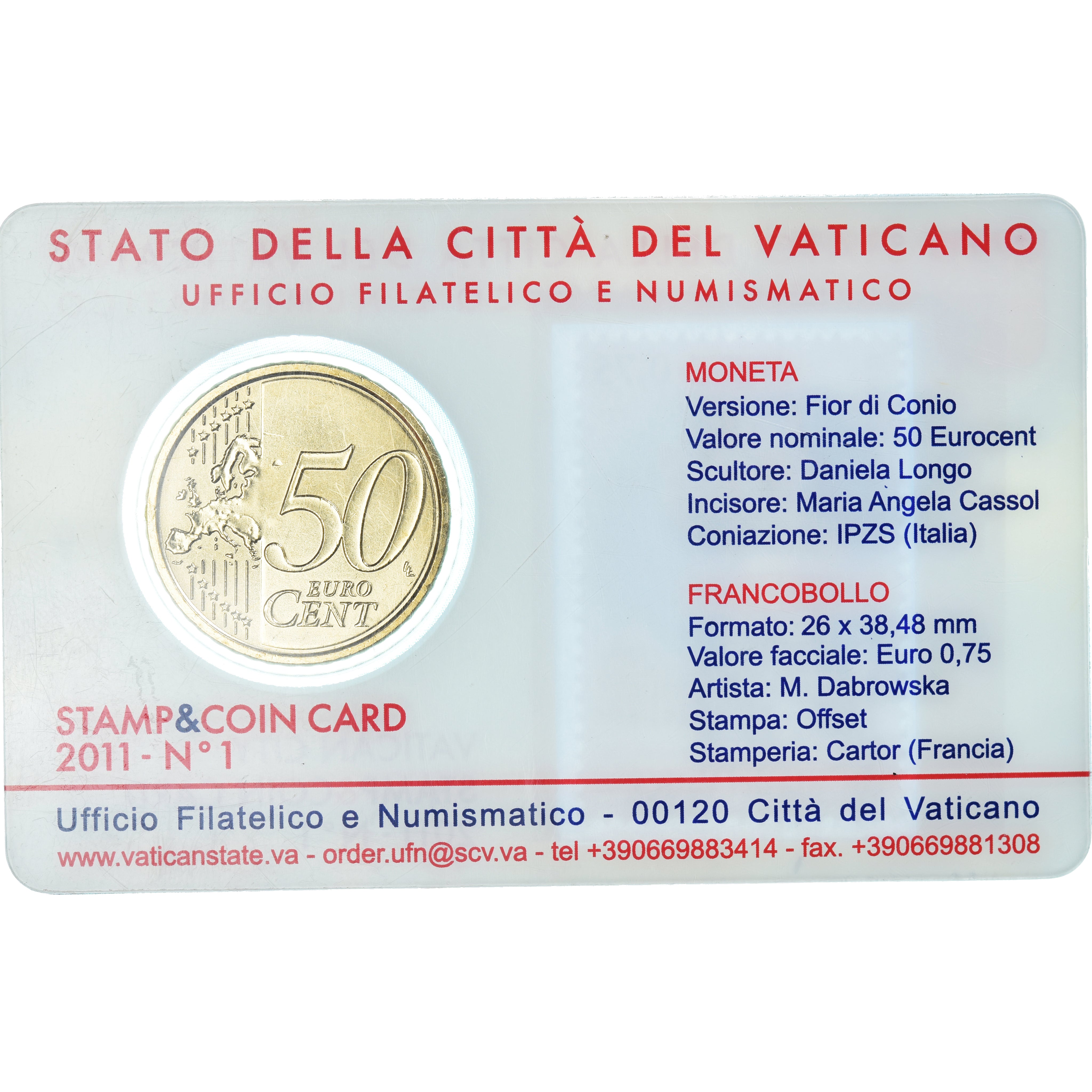 VATICAN CITY, 50 Euro Cent, 2011, Rome, Stamp and coin card, MS(65-70), Brass