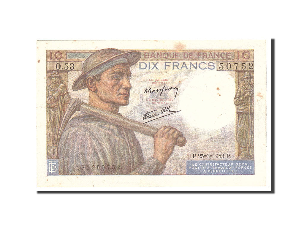 France, 10 Francs, 1943, KM:99d, 1943-03-25, EF(40-45), Fayette:8.8