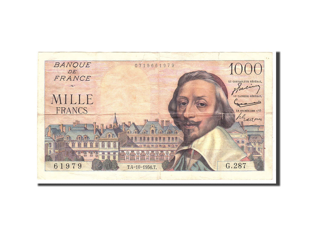 France, 1000 Francs, 1956, KM:134a, 1956-10-04, VF(20-25), Fayette:42.22