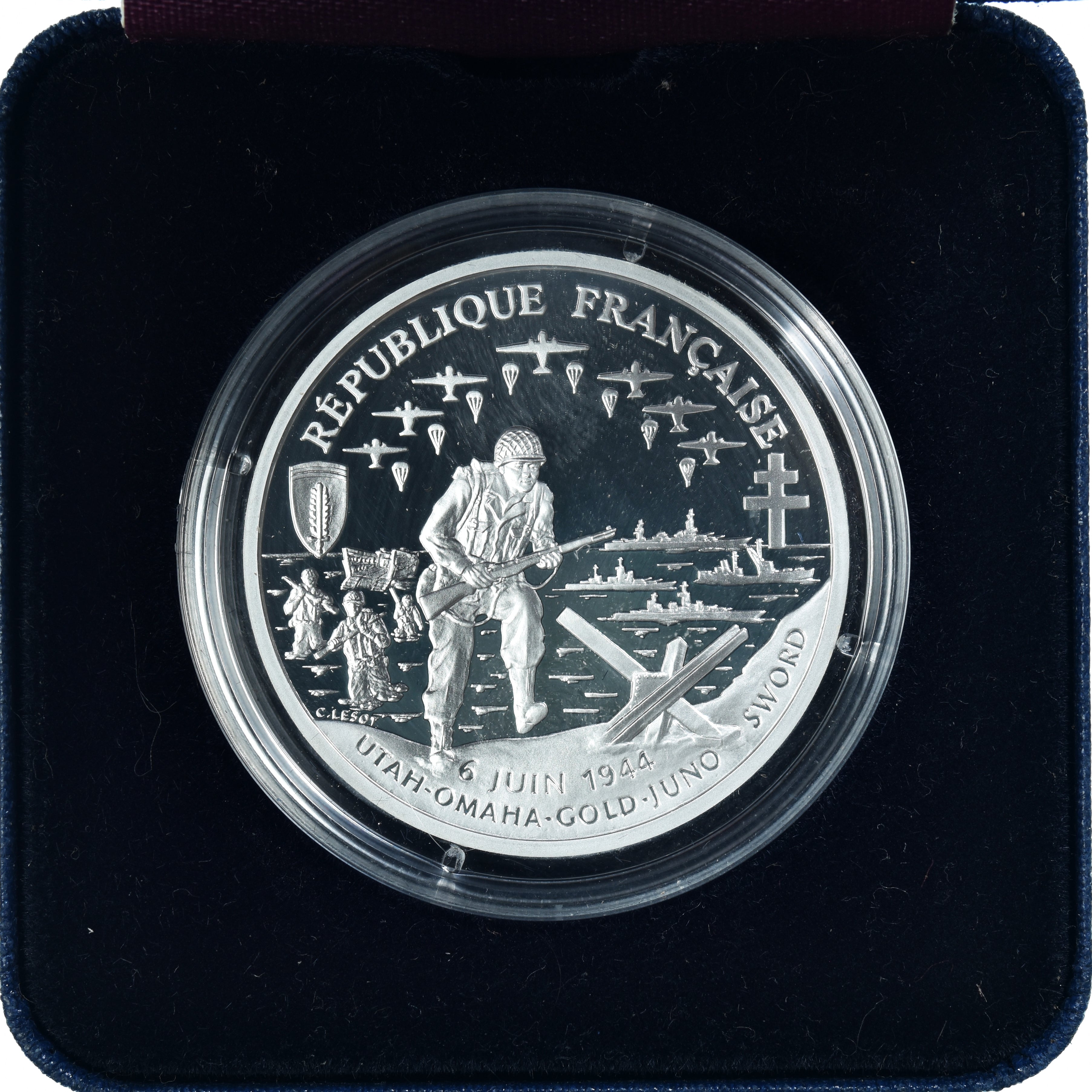 Coin, France, Franc, 1993, Paris, 1 Franc Débarquement. BE, MS(65-70), Silver