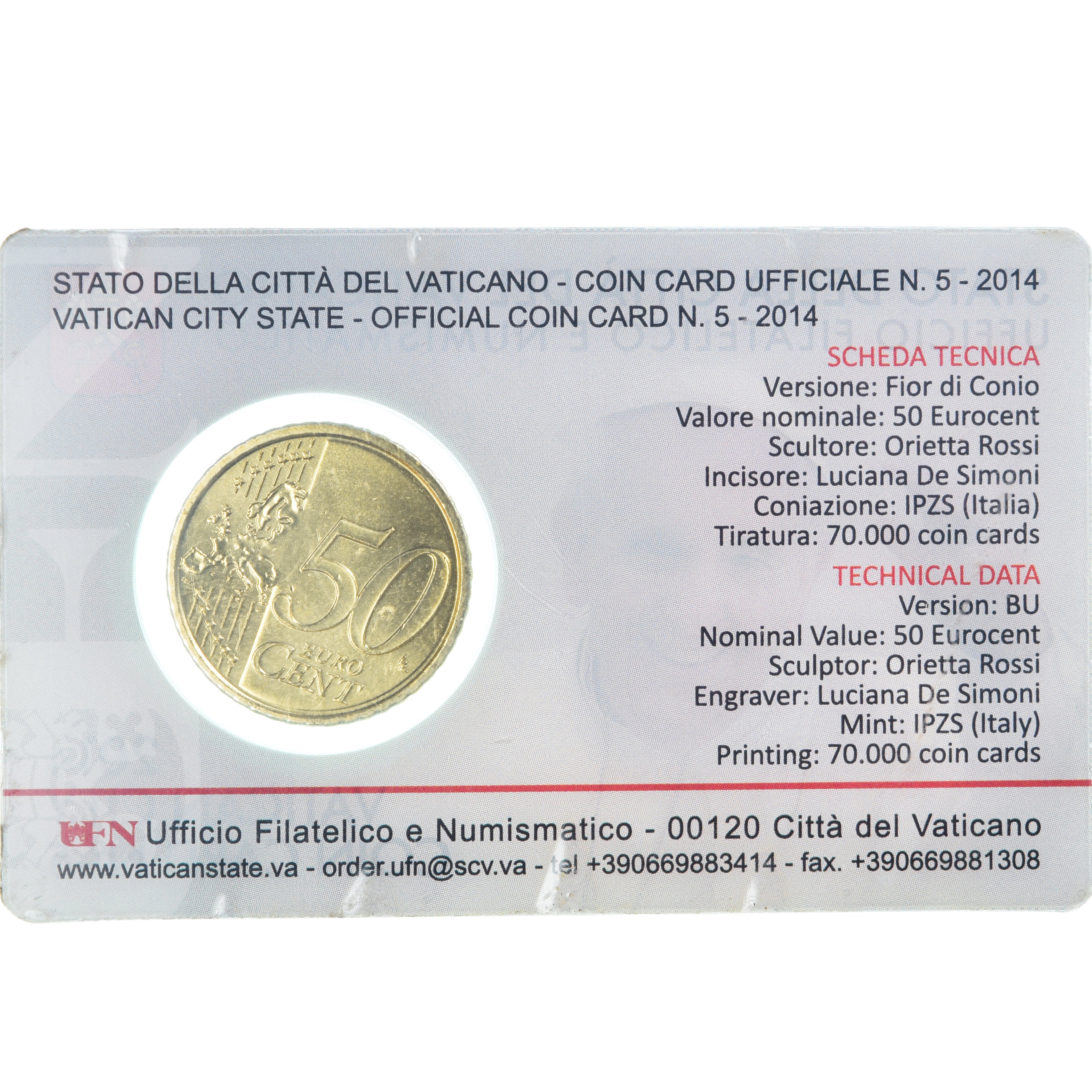 VATICAN CITY, 50 Euro Cent, 2014, Rome, Coin card.FDC, MS(65-70), laiton