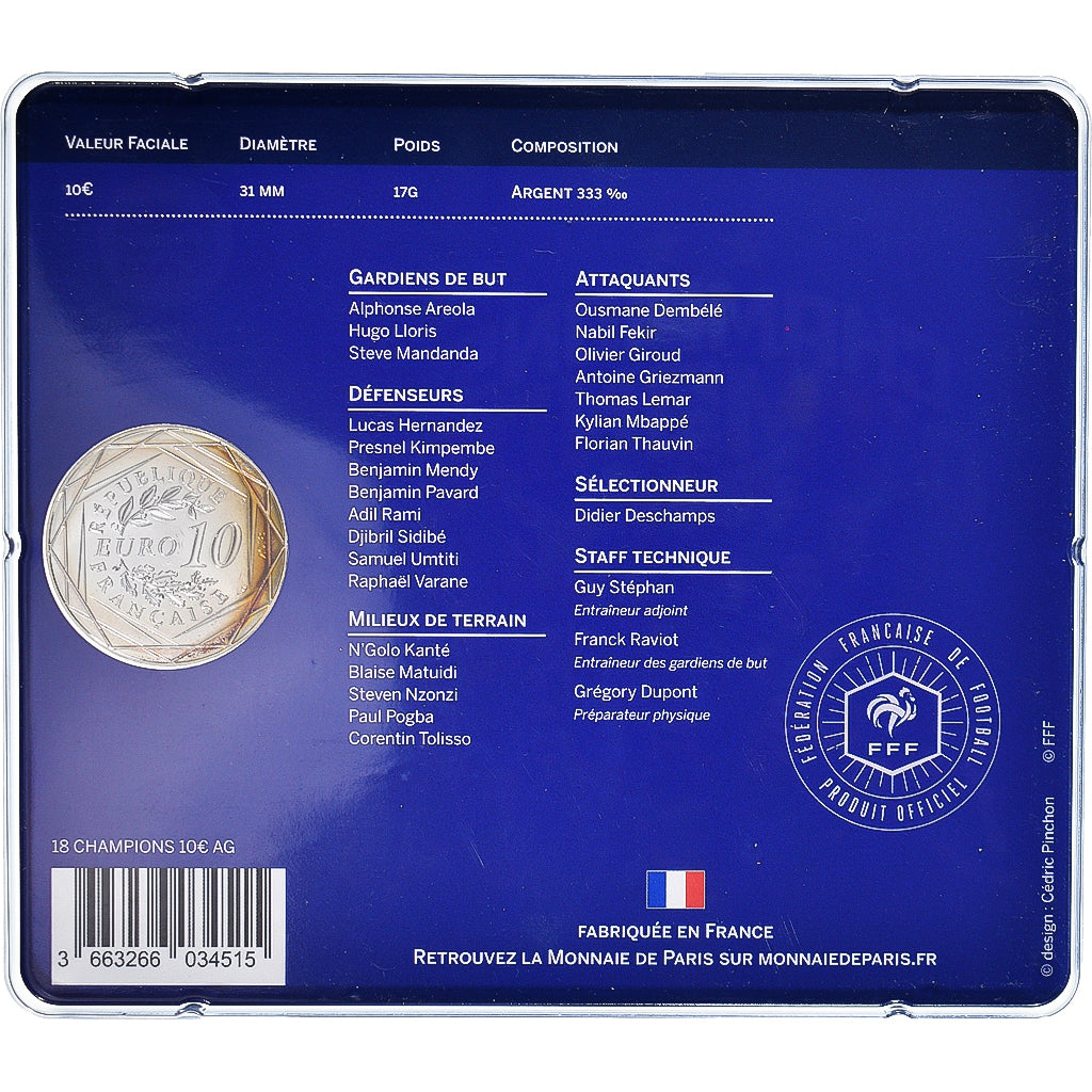Francja, 10 Euro, 2018, Monnaie de Paris, Champions du Monde.BU., MS(65-70)