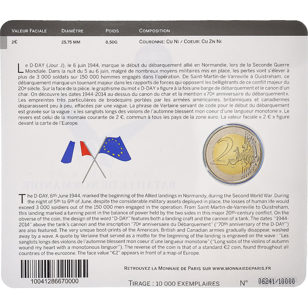 France, 2 Euro, 2014, Paris, D-DAY .BU, MS(65-70), Bi-Metallic