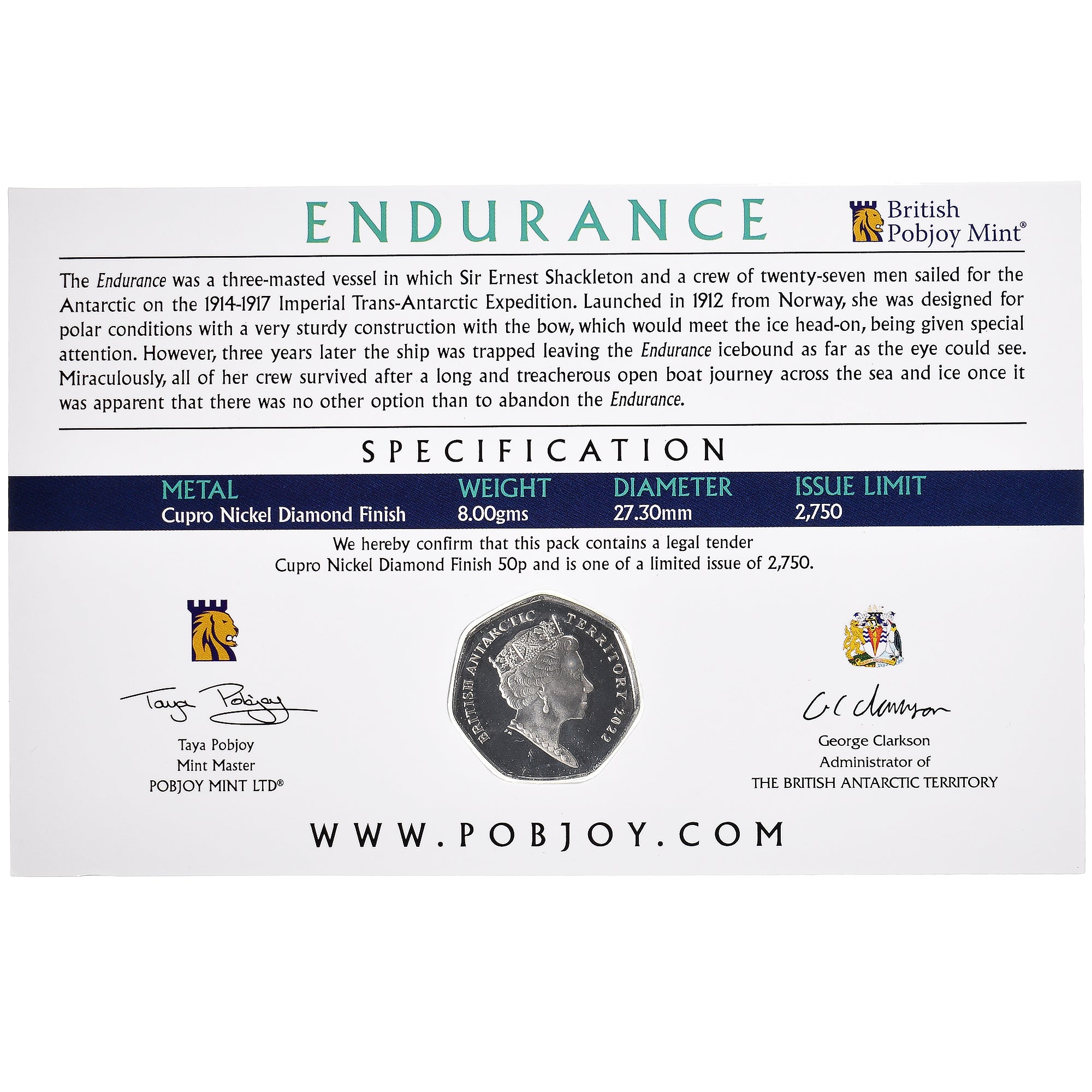 Coin, British Antarctic Territory, 50 Pence, 2022, Pobjoy Mint, Endurance.FDC