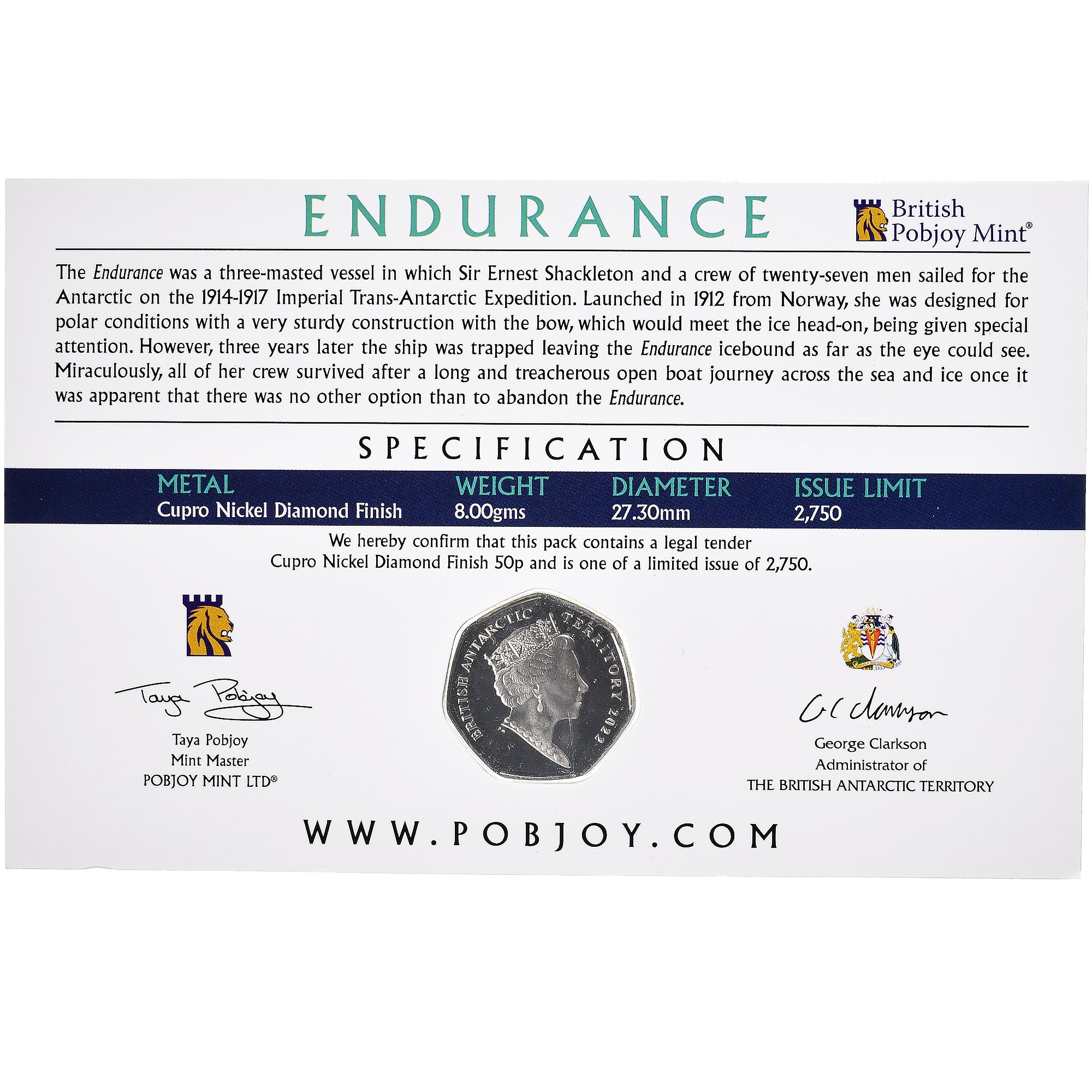 Coin, British Antarctic Territory, 50 Pence, 2022, Pobjoy Mint, Endurance.FDC