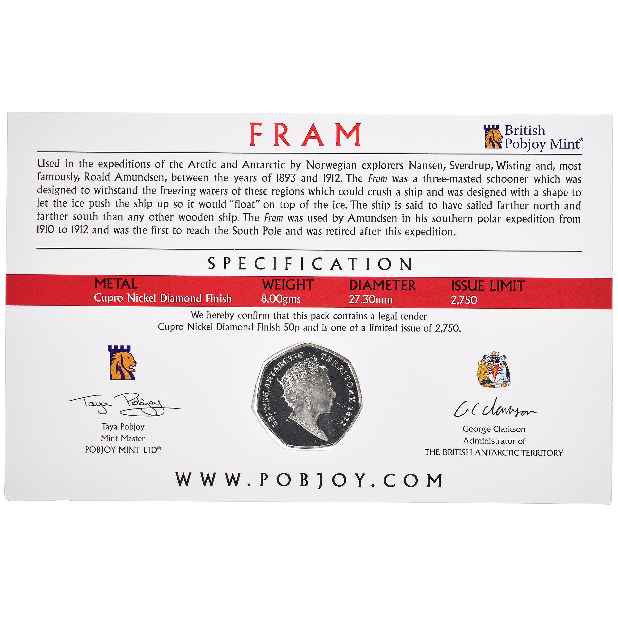 Coin, British Antarctic Territory, 50 Pence, 2022, Pobjoy Mint, Fram.FDC