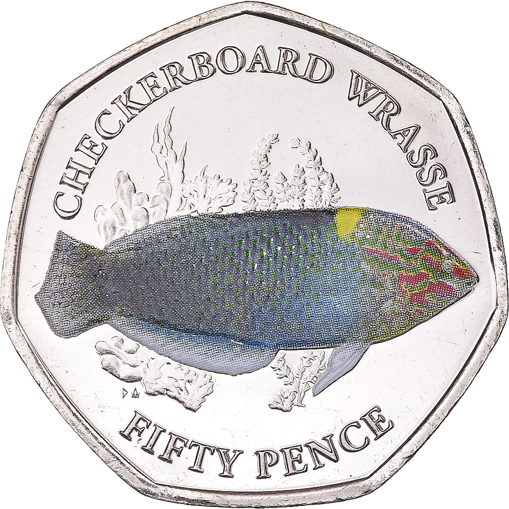 Coin, British Indian Ocean, Cherckerboard Wrasse, 50 Pence, 2021
