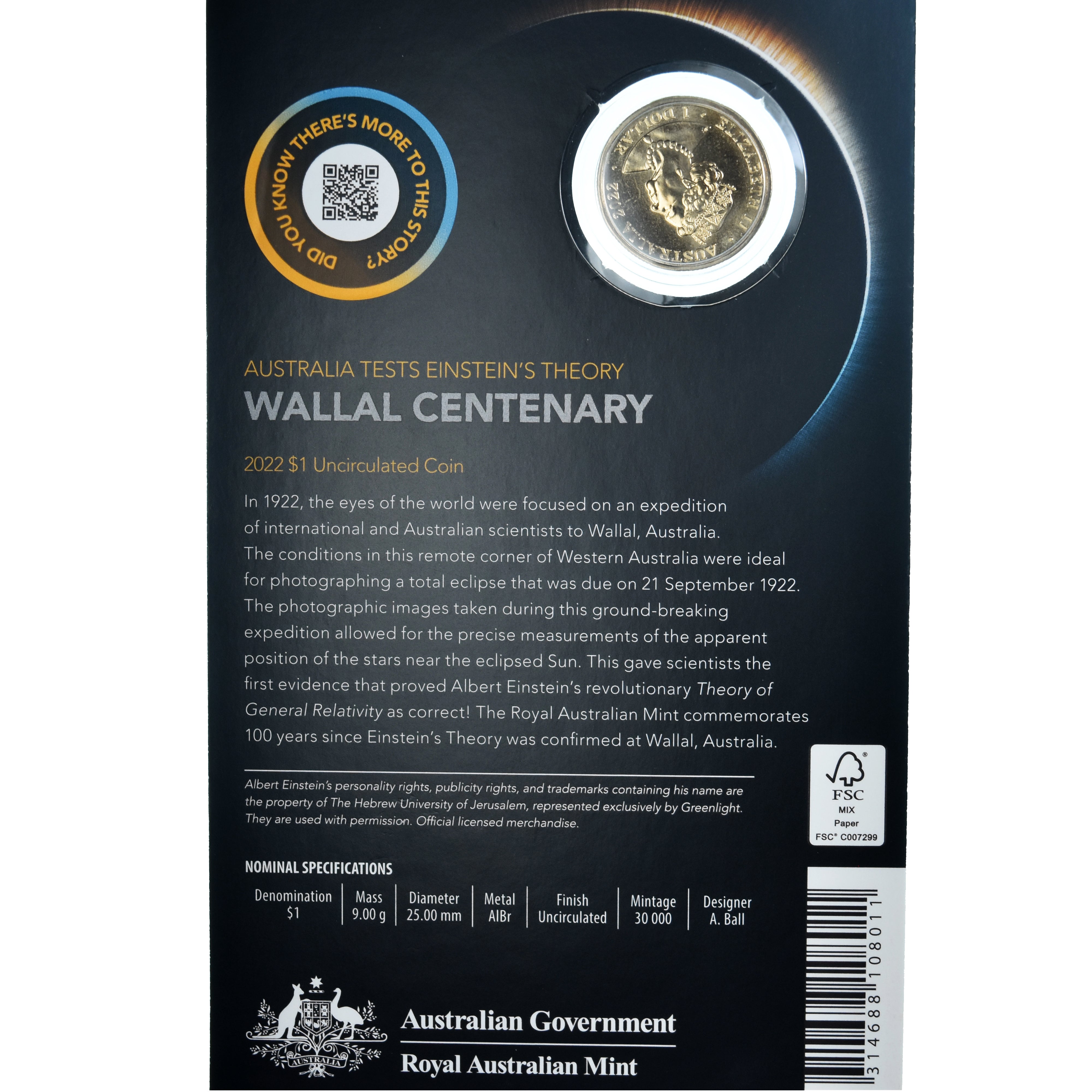 Coin, Australia, Dollar, 2022, Royal Australian Mint, AUSTRALIA TESTS EINSTEIN'S