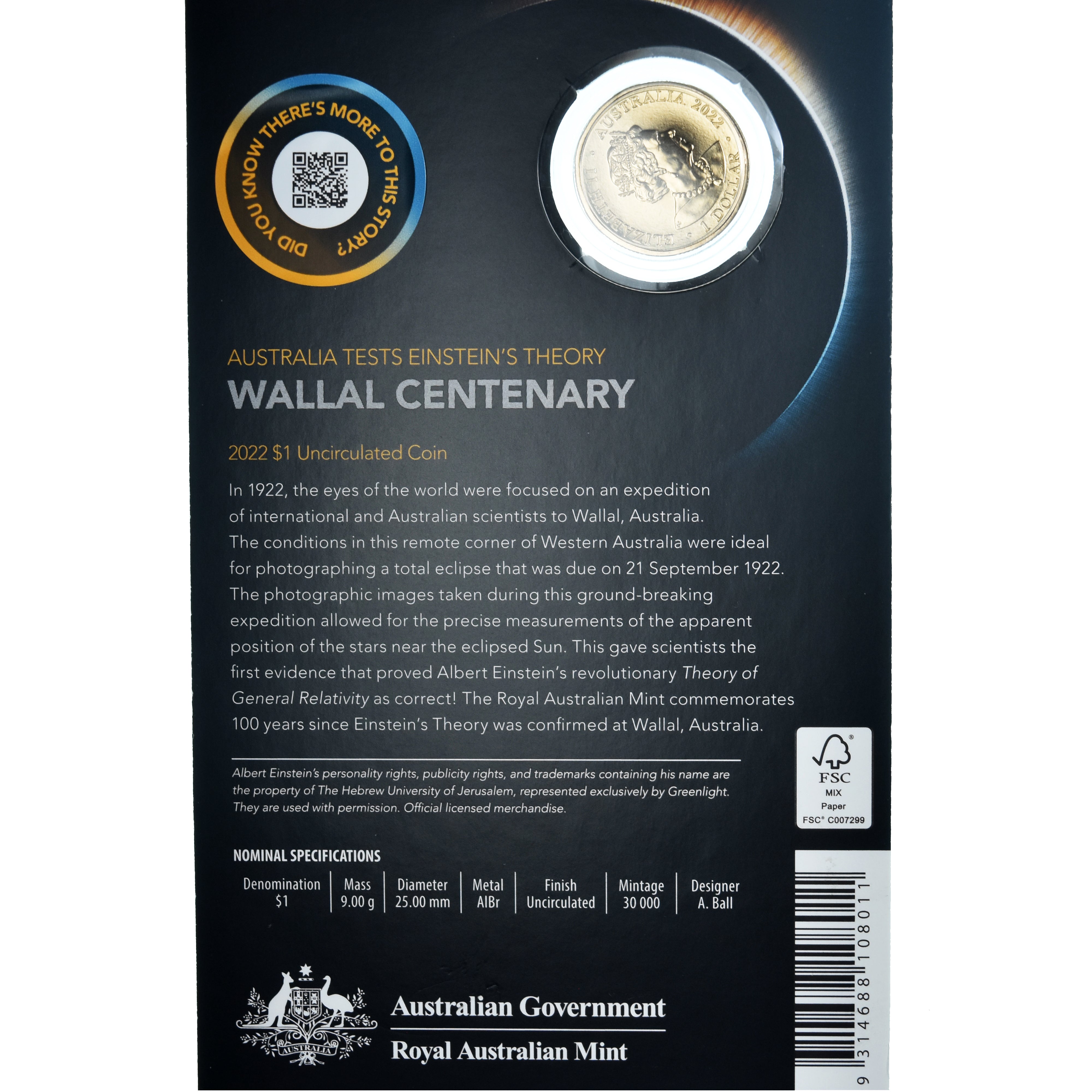 Coin, Australia, Dollar, 2022, Royal Australian Mint, AUSTRALIA TESTS EINSTEIN'S