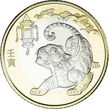 Coin, China, 10 Yüan, 2022, Année du tigre., MS(63), Bi-Metallic, KM:2680