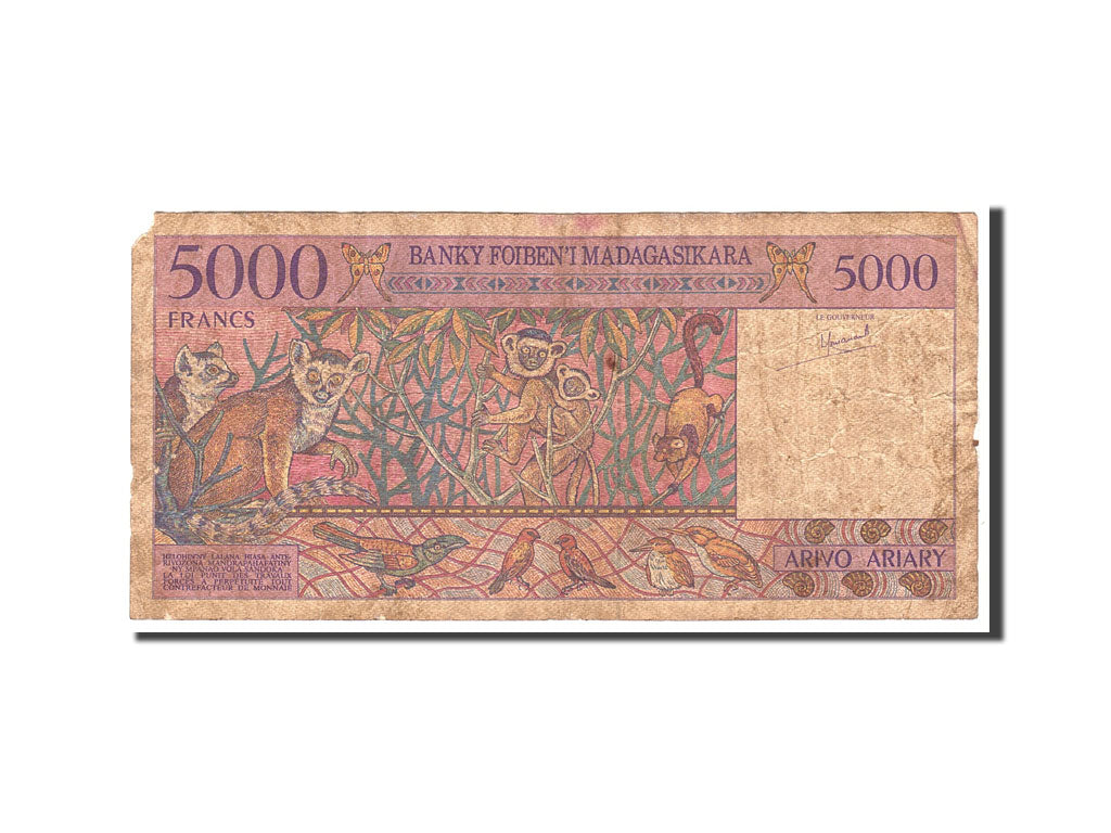 Madagascar, 5000 Francs = 1000 Ariary, 1995, KM:78a, Undated, VG(8-10)