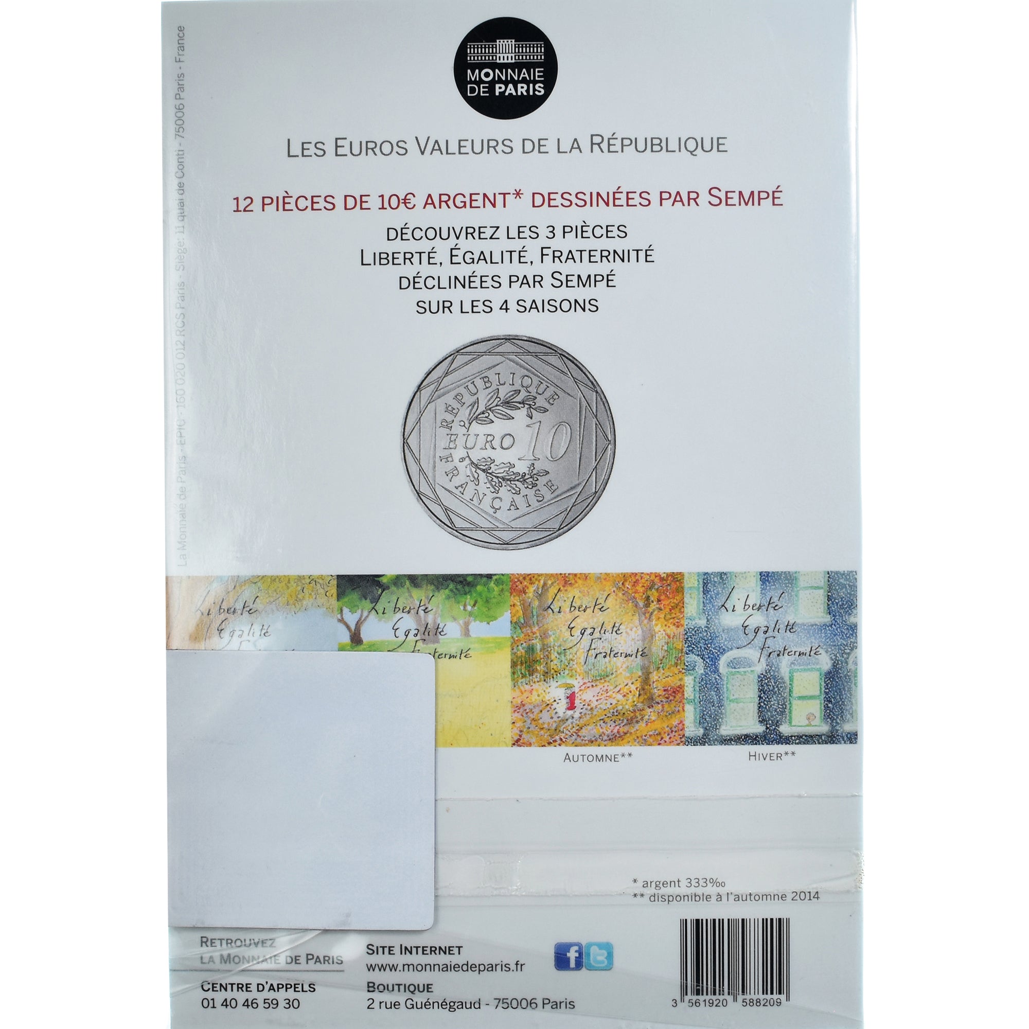 France, 10 Euro, Egalité Automne Sempé, 2014, Paris, FDC, Argent