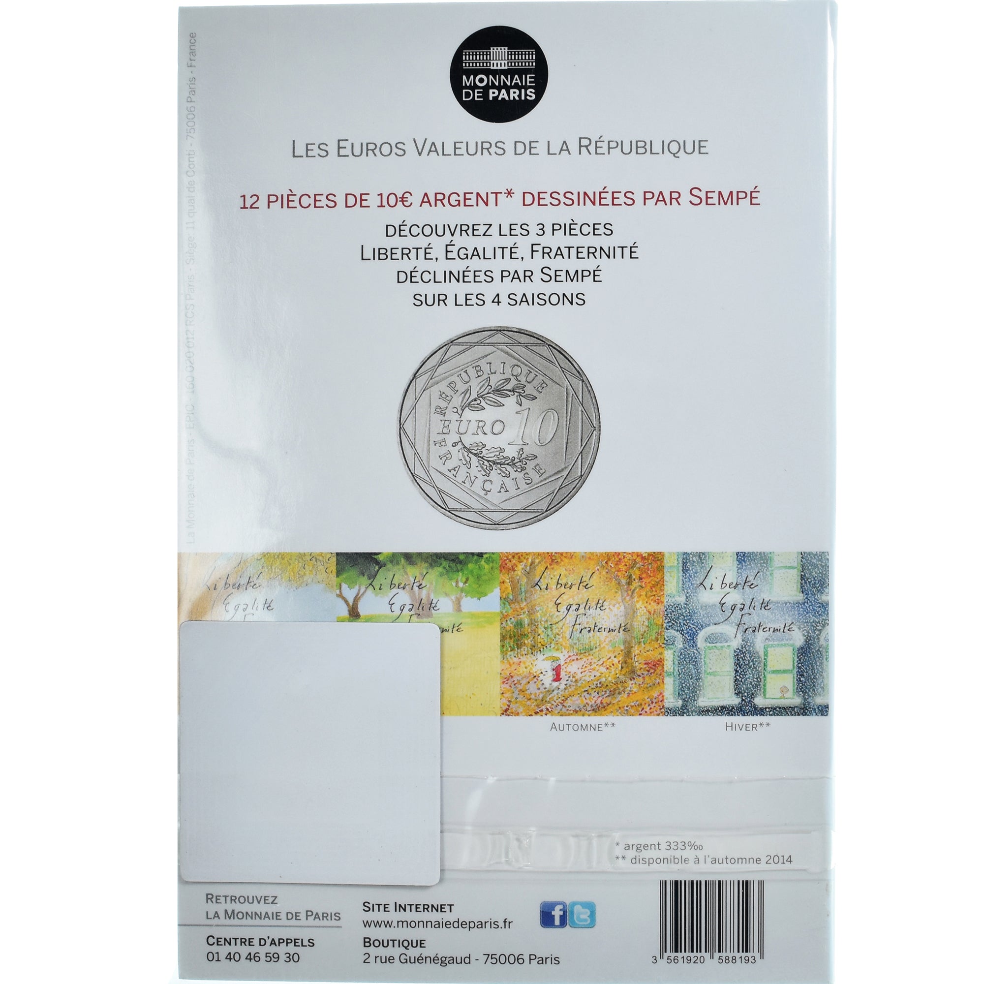Francia, 10 Euro, Fraternité, 2014, SEMPÉ - FRATERNITÉ, FDC, Plata