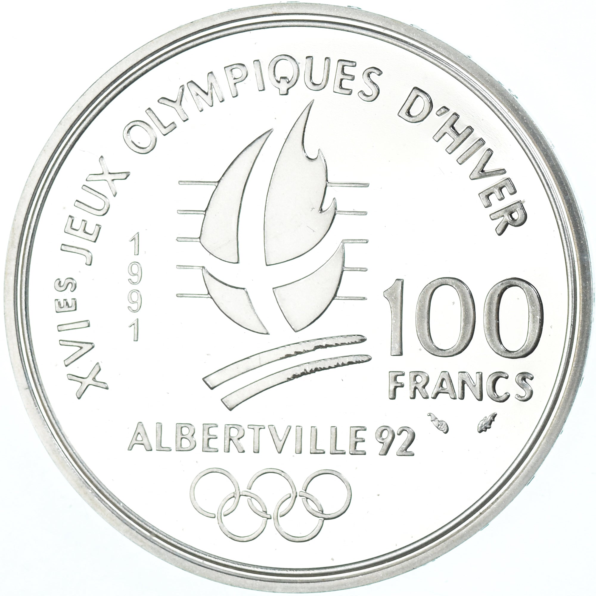 Monnaie, France, Hockey, 100 Francs, 1991, BE.JO Albertville, FDC, Argent