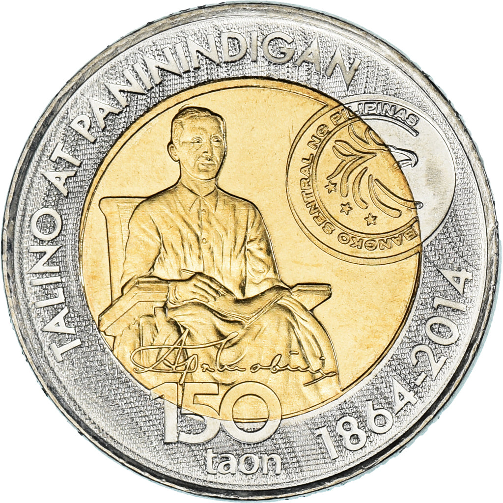 Moneta, Filipiny, 10 Piso, 2014, MS(63), Bimetaliczny
