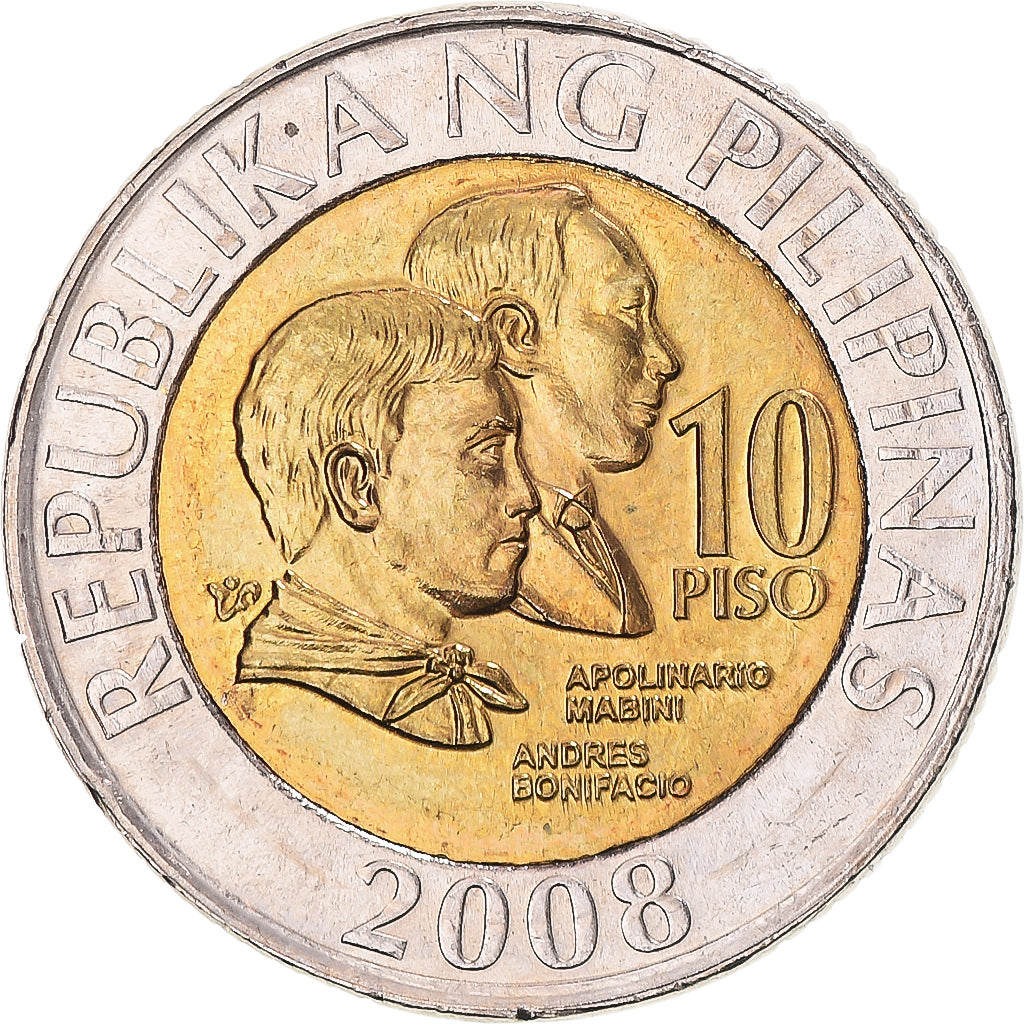Coin, Philippines, 10 Piso, 2008, MS(63), Bi-Metallic, KM:278