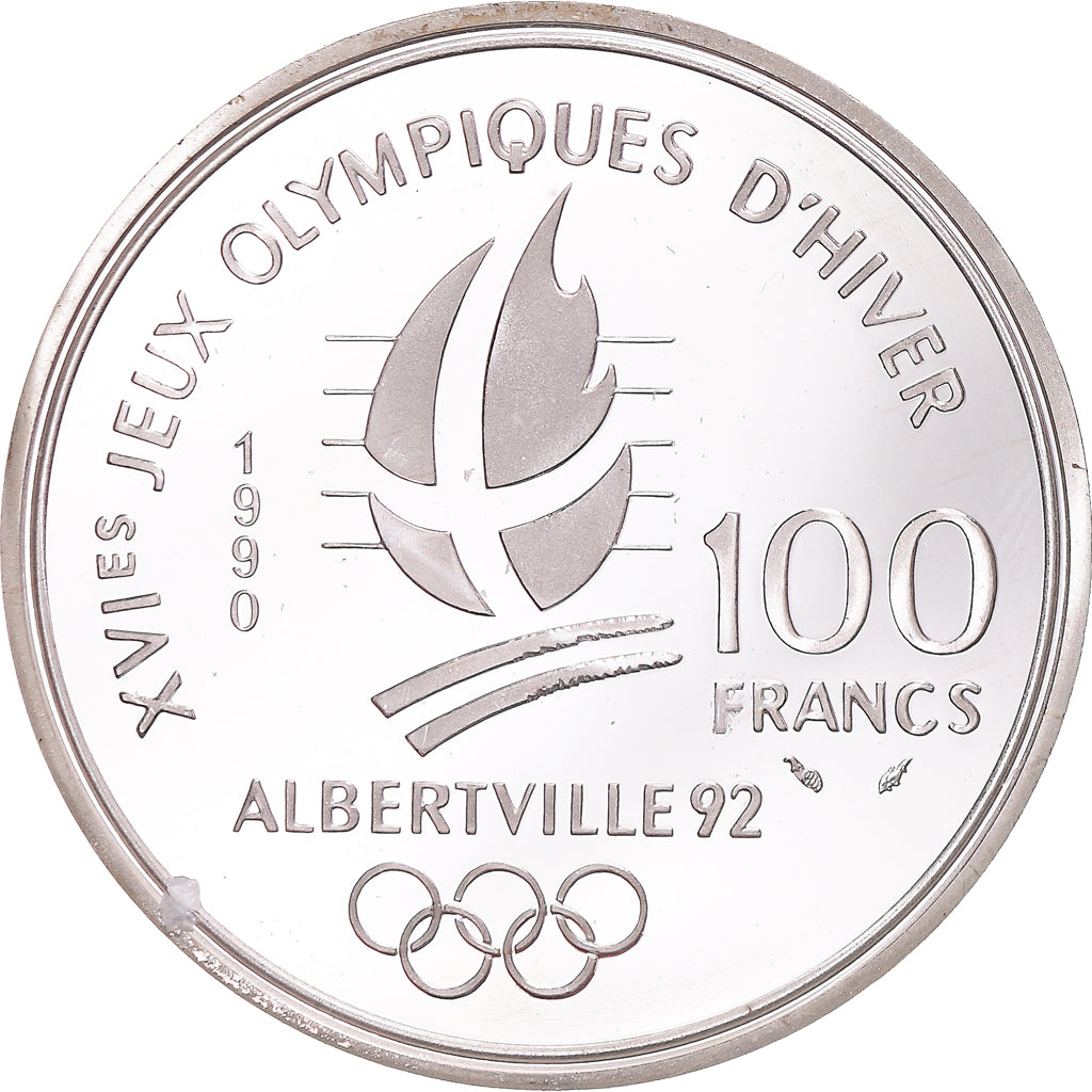 Münze, Frankreich, 100 Francs, 1990, JO d' Albertville 1992, Slalom,BE, STGL