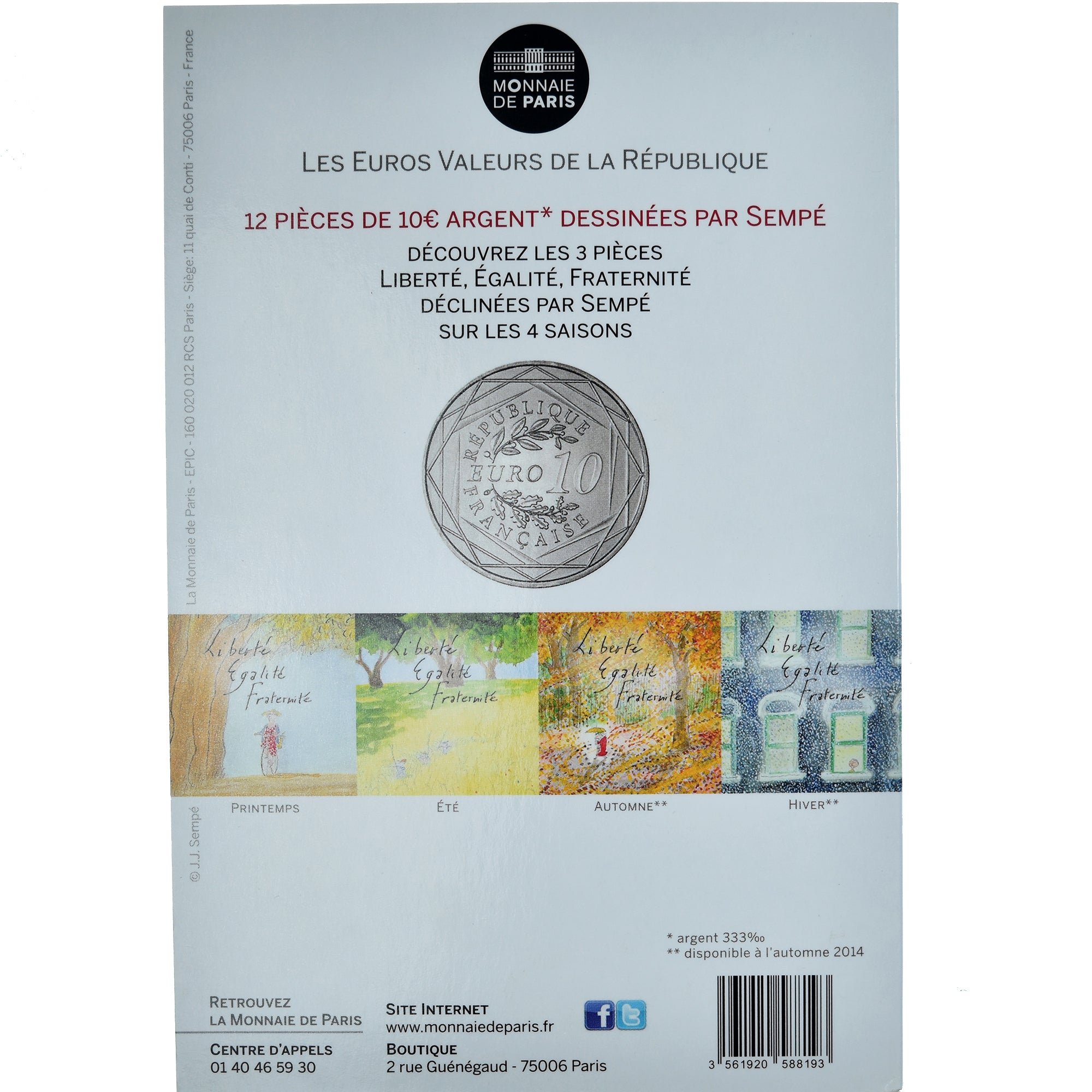 France, 10 Euro, Egalité, 2014, Sempé Égalité Été, MS(65-70), Silver