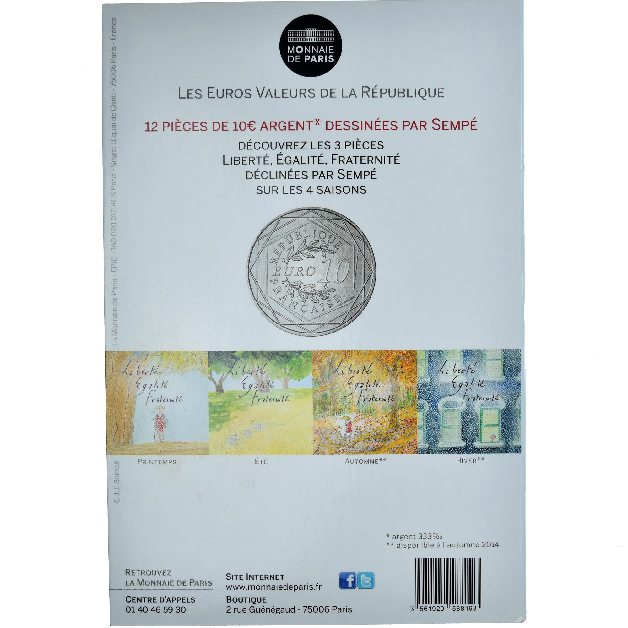 Francja, 10 Euro, Egalité, 2014, Sempé Égalité Printemps, MS(65-70), Srebro
