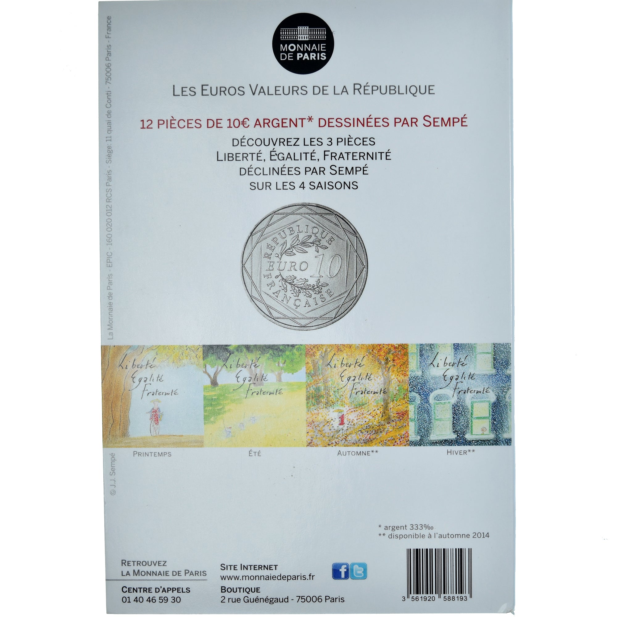 França, 10 Euro, Fraternité, 2014, SEMPÉ - FRATERNITÉ, MS(65-70), Prata