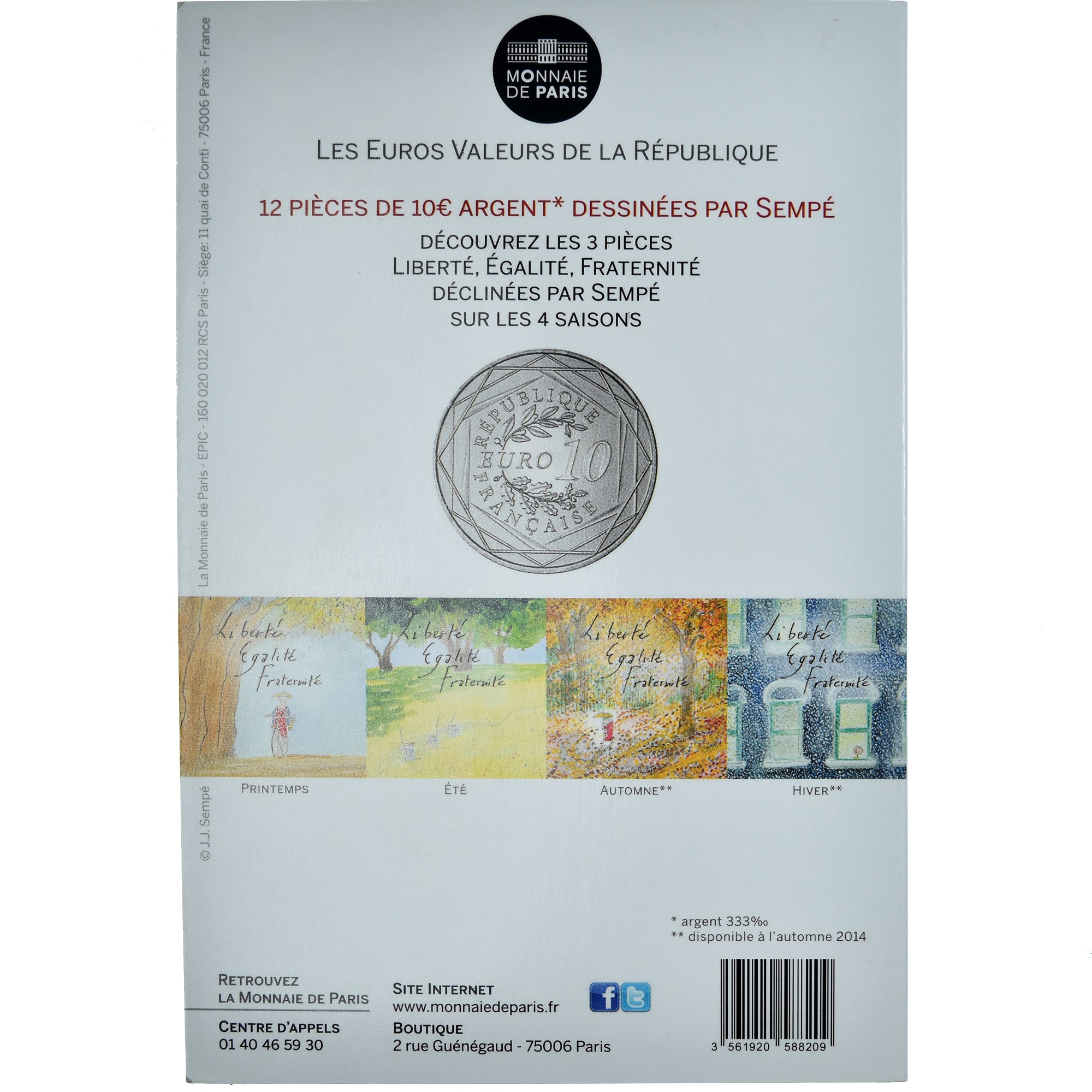 Francia, 10 Euro, Fraternité Hiver Sempé, 2014, FDC, Plata, Gadoury:EU719