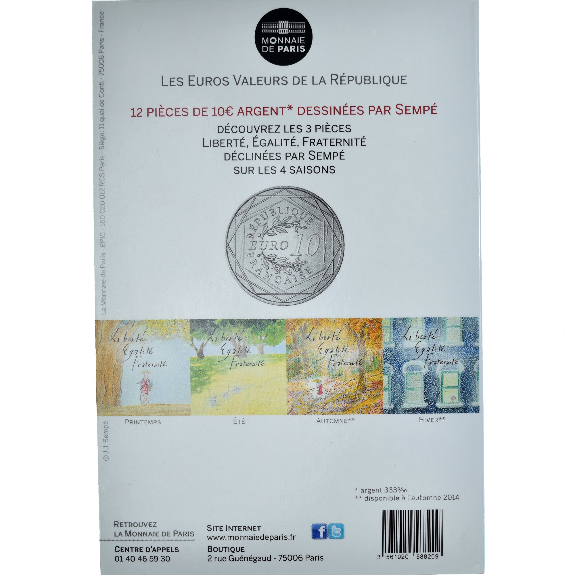 France, Monnaie de Paris, 10 Euro, Liberté Automne Sempé, 2014, Paris