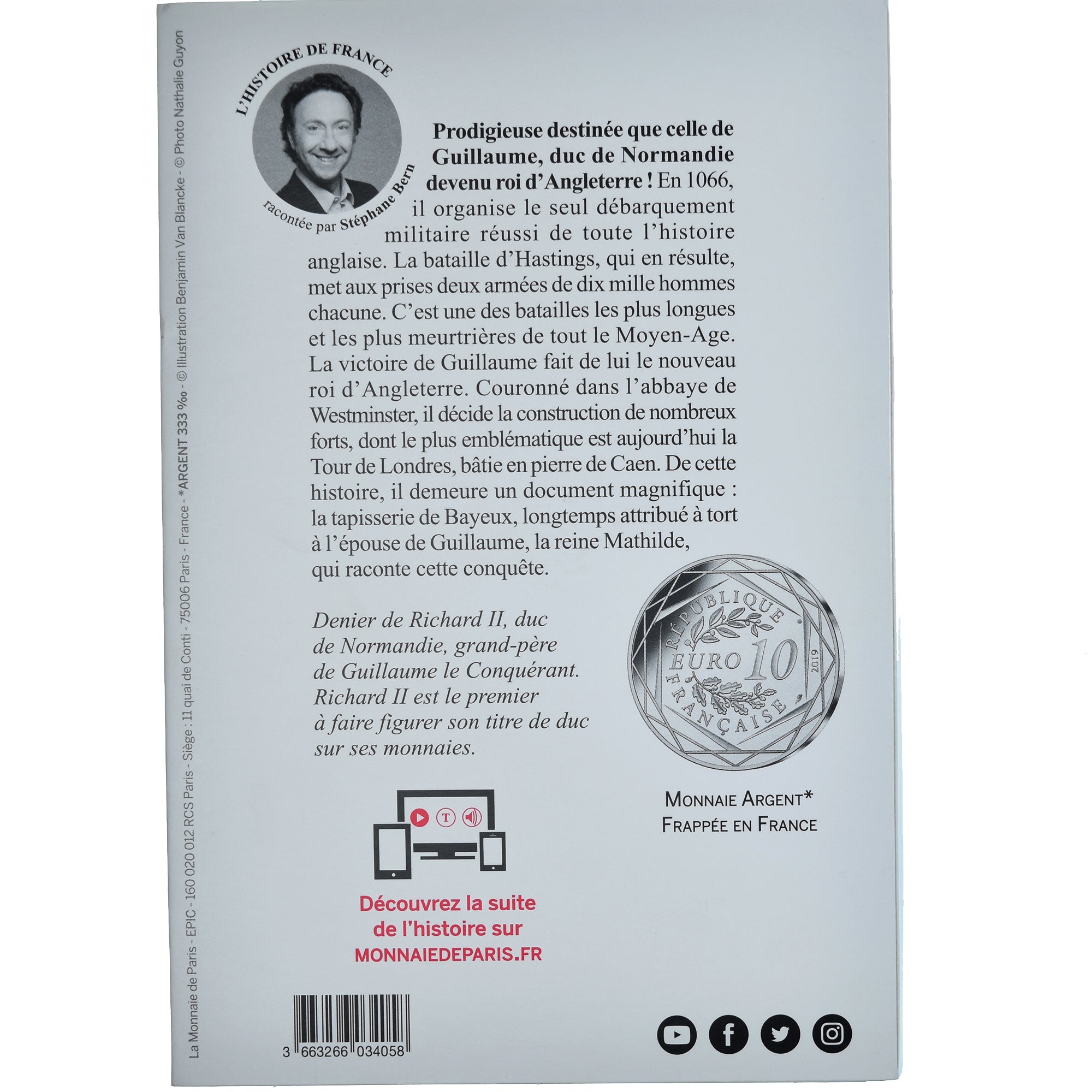 Coin, France, 10 Euro, 2019, Guillaume le Conquérant, MS(65-70), Silver