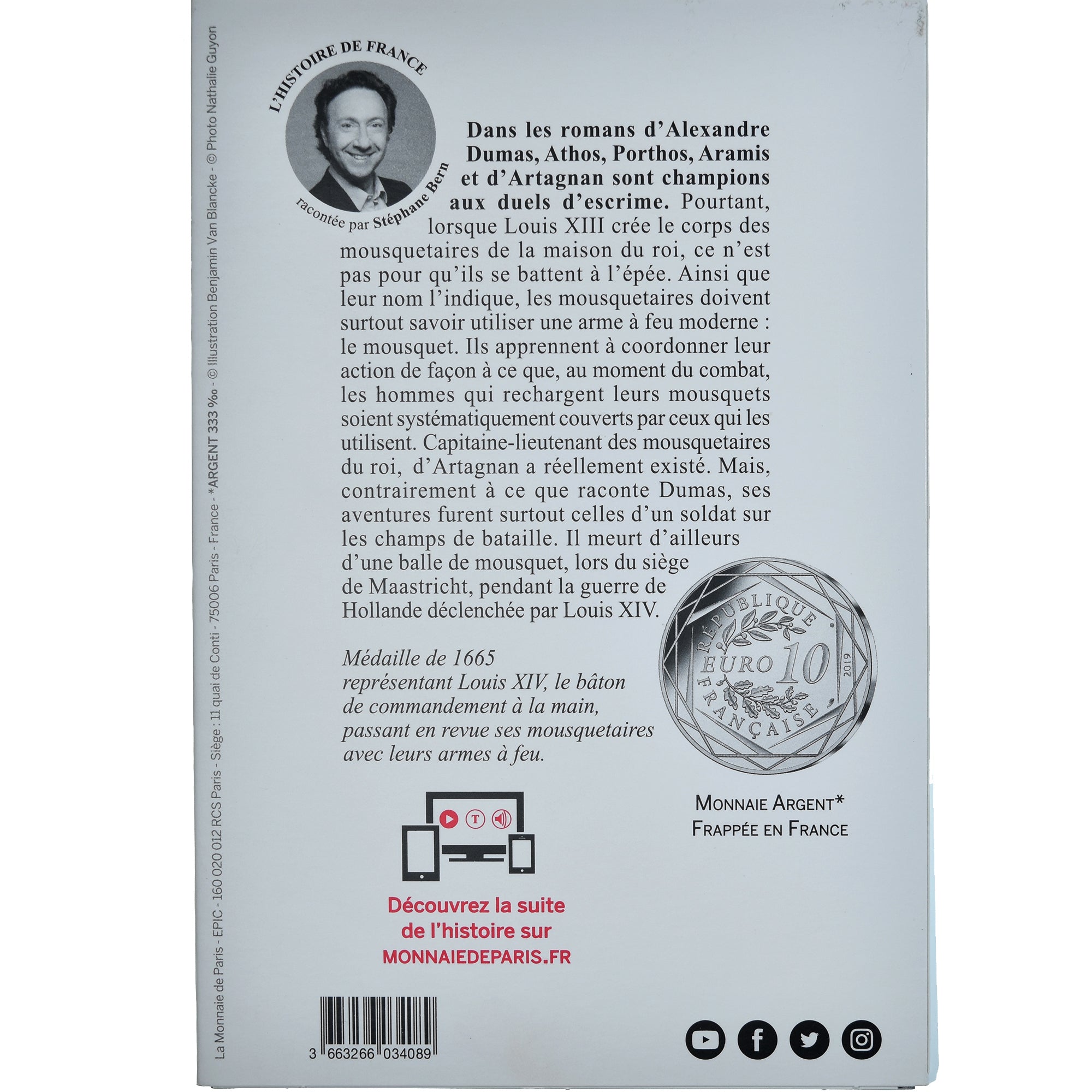 France, 10 Euro, Pièces d'Histoire, 2019, Paris, D'Artagnan, MS(65-70), Silver