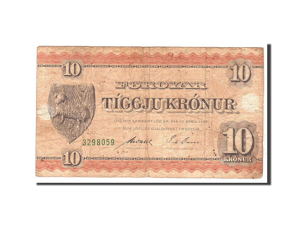 Faeroe Islands, 10 Kronur, 1949, KM:14d, 1949-04-12, VF(20-25)