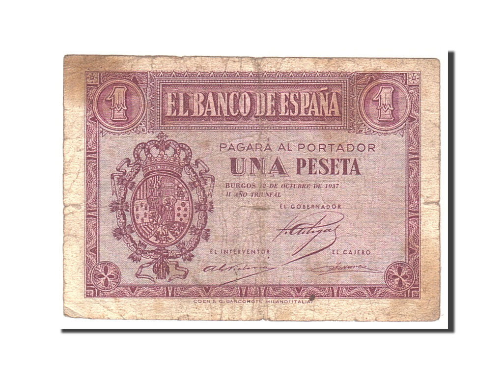 Banknote, Spain, 1 Peseta, 1937, 1937-10-12, KM:104a, VG(8-10)