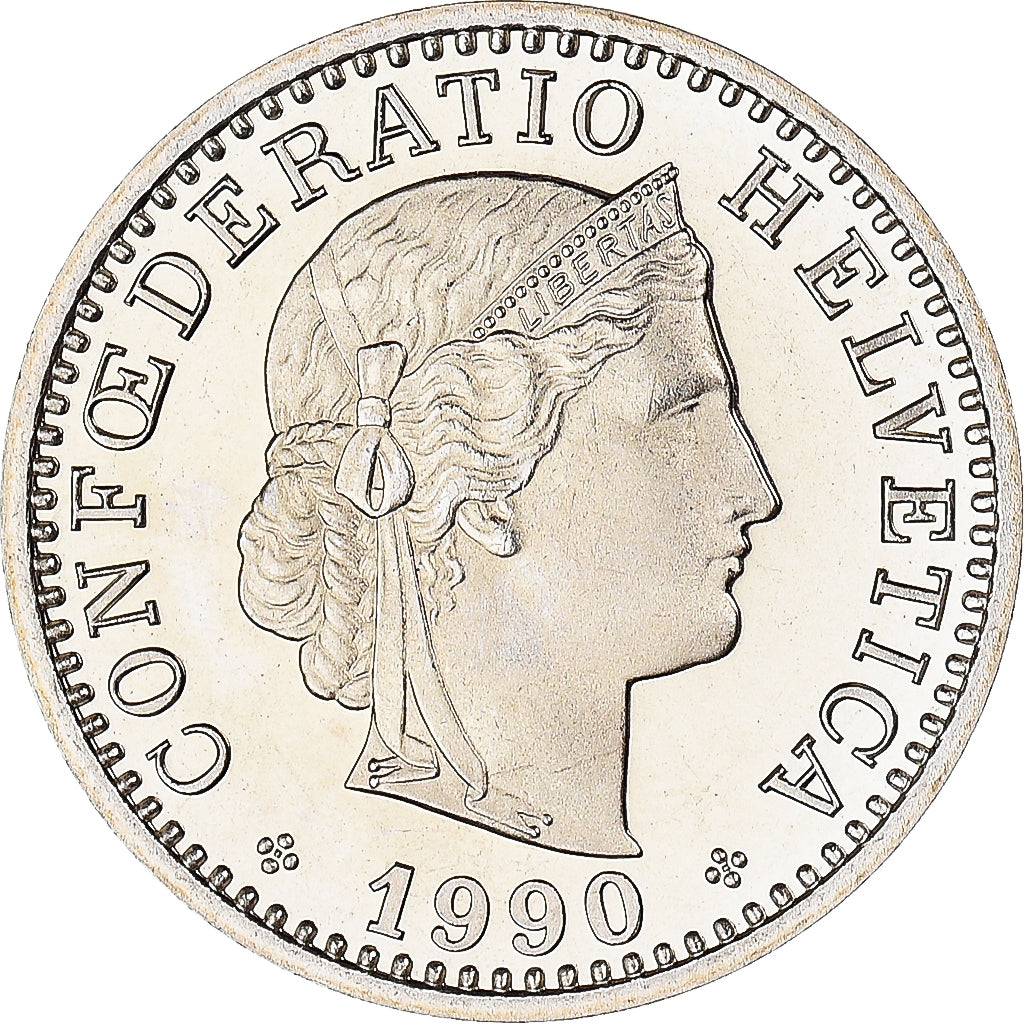 Moeda, Suíça, 20 Rappen, 1990, Bern, BE, MS(63), Cobre-níquel, KM:29a