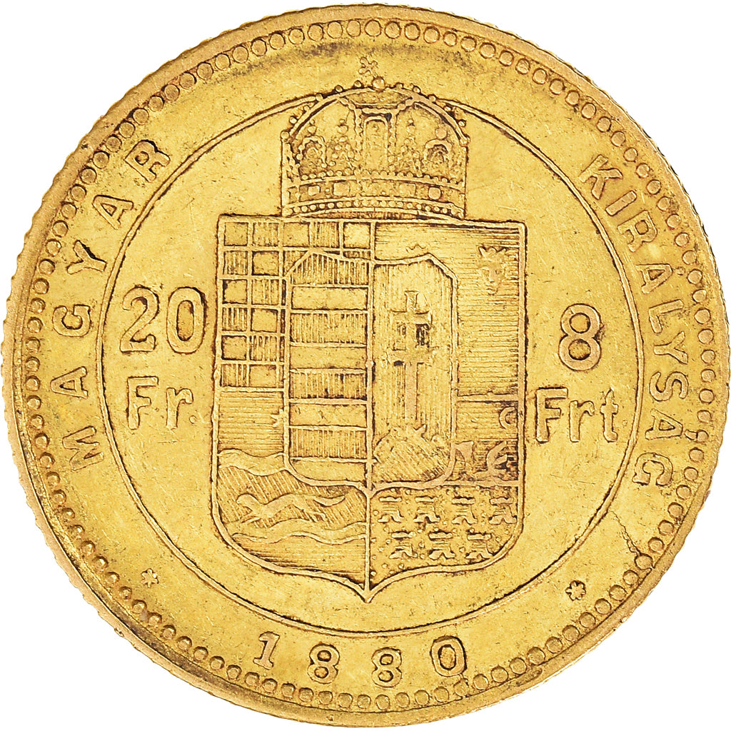 Moneda, Hungría, Franz Joseph I, 8 Forint 20 Francs, 1880, Kormoczbanya, MBC+