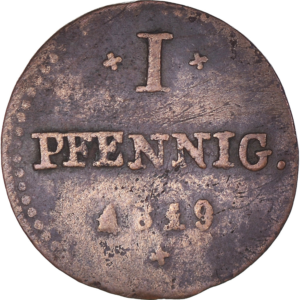 Moneda, Estados alemanes, HESSE-DARMSTADT, Ludwig X, Pfennig, 1819, BC+, Cobre