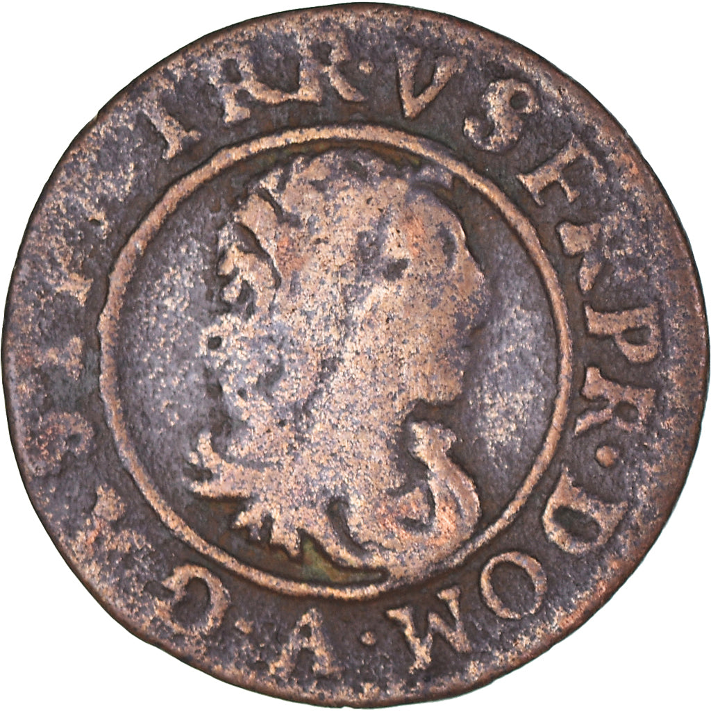 Moneda, Francia, Gaston d'Orléans, Denier Tournois, 1649, Trévoux, BC+, Cobre