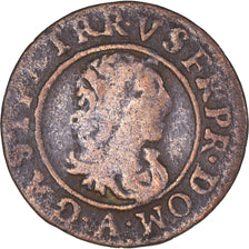 Moneda, Francia, Gaston d'Orléans, Denier Tournois, 1649, Trévoux, BC+, Cobre