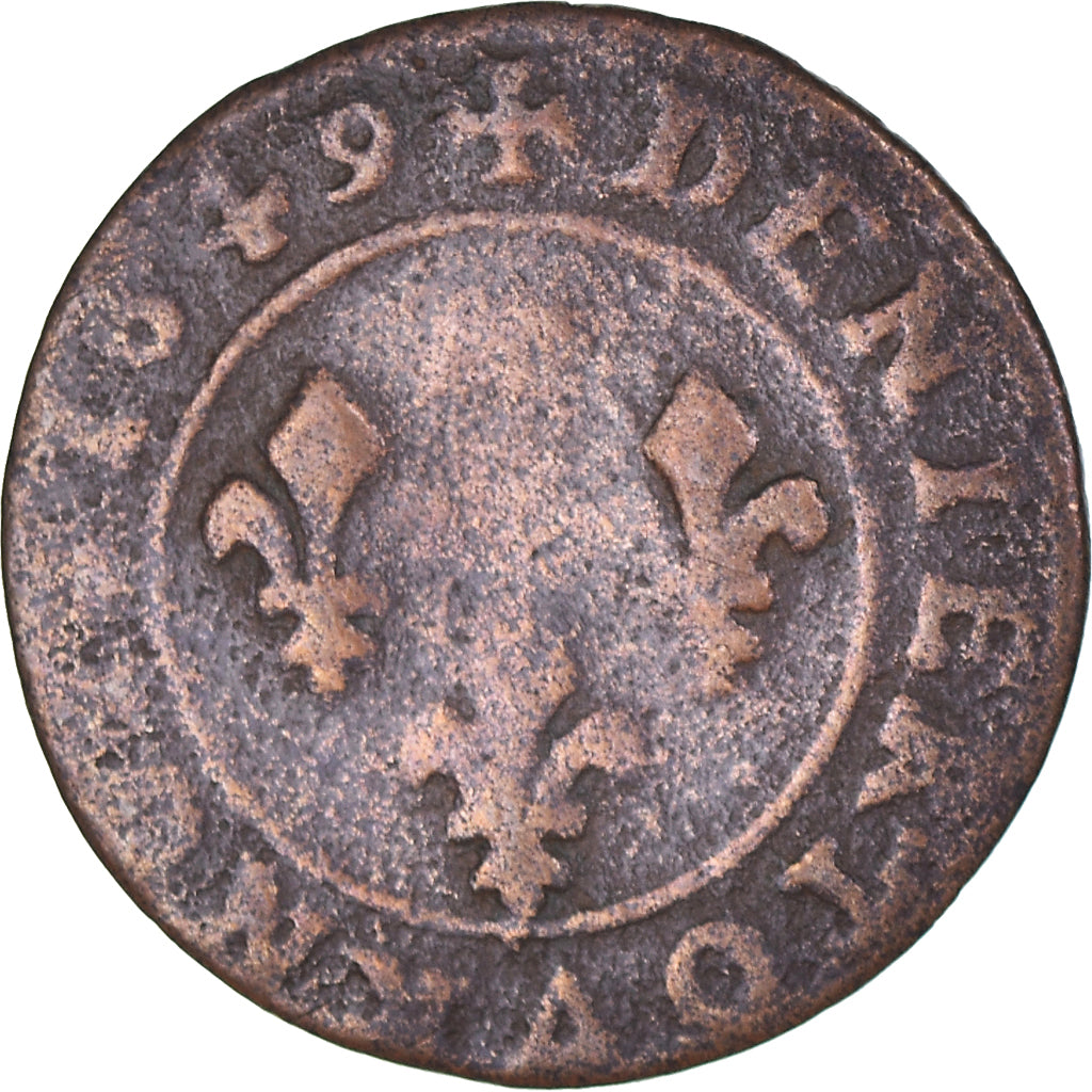 Moneda, Francia, Gaston d'Orléans, Denier Tournois, 1649, Trévoux, BC+, Cobre