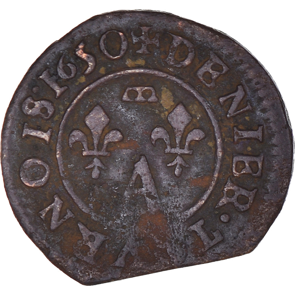 Monnaie, France, DOMBES, Gaston d'Orléans, Denier Tournois, 1650, Trévoux