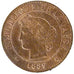 FRANCE, Cérès, Centime, 1889, Paris, KM #826.1, AU(55-58), Bronze, Gadoury #88, 
