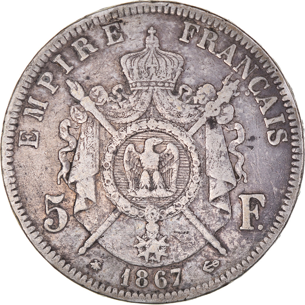 Moneta, Francia, Napoleon III, 5 Francs, 1867, Paris, BB, Argento, KM:799.1