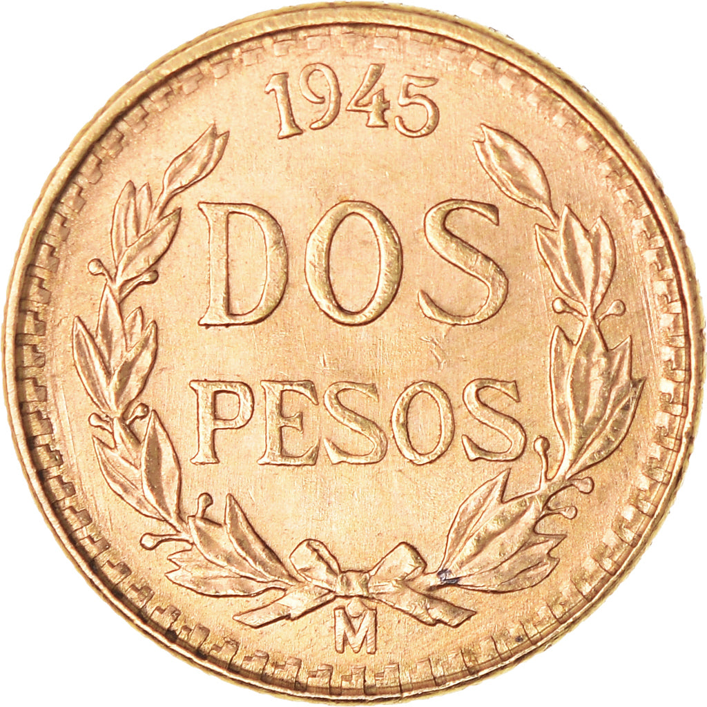 Coin, Mexico, 2 Pesos, 1945, Mexico City, MS(63), Gold, KM:461