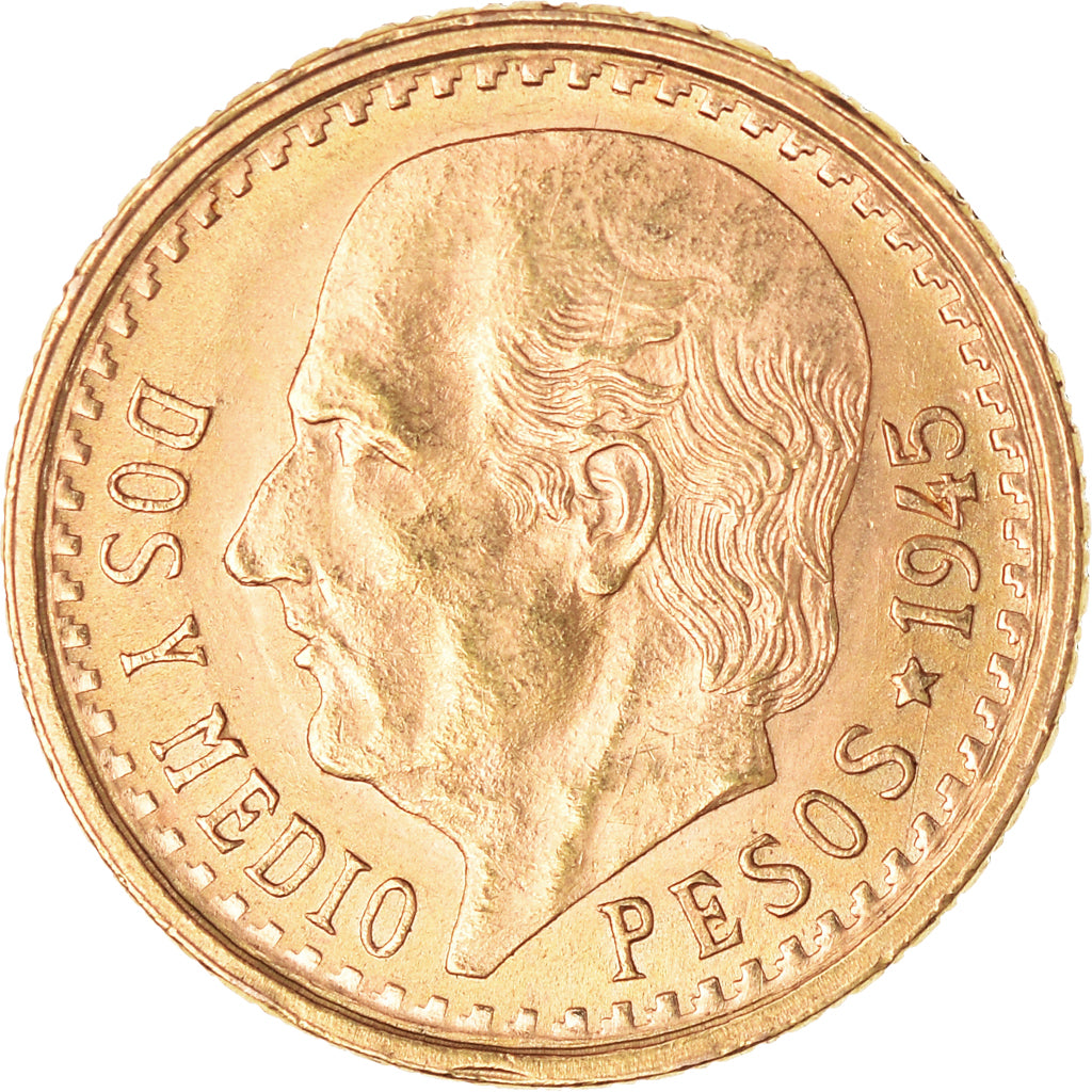 Coin, Mexico, 2 1/2 Pesos, 1945, Mexico, MS(63), Gold, KM:20