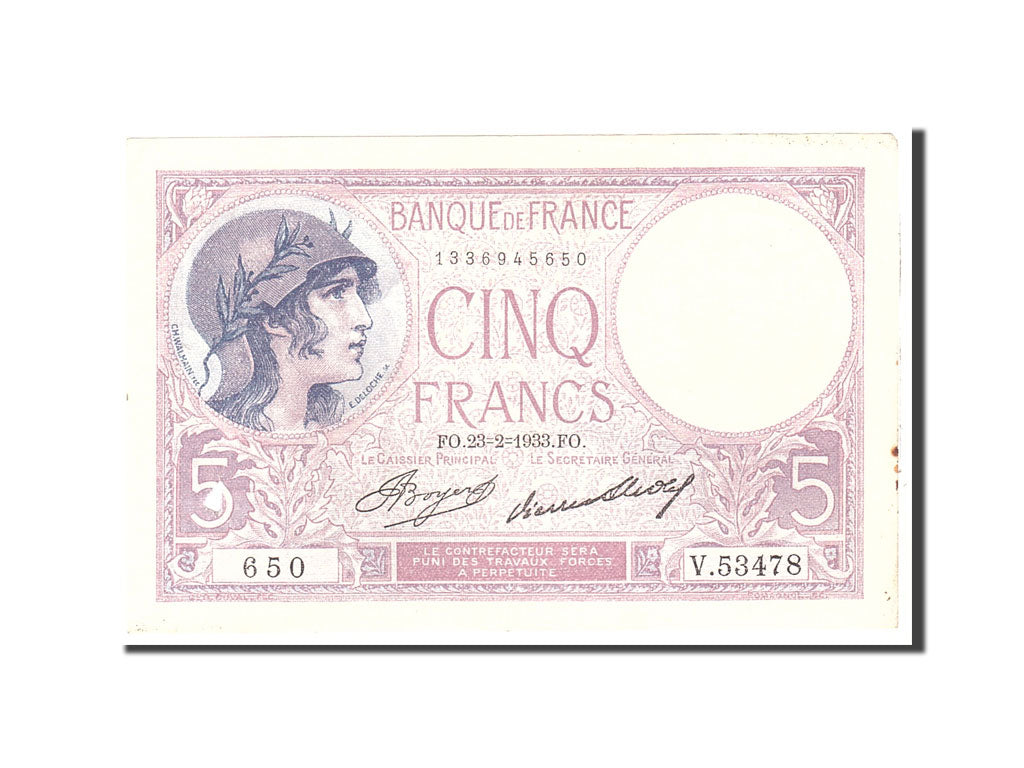 Banknote, France, 5 Francs, 1933, 1933-02-23, EF(40-45), Fayette:3.17, KM:72e