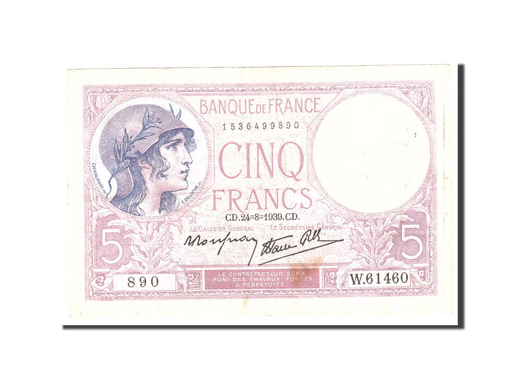 France, 5 Francs, 1939, KM:83, 1939-08-24, EF(40-45), Fayette:4.7