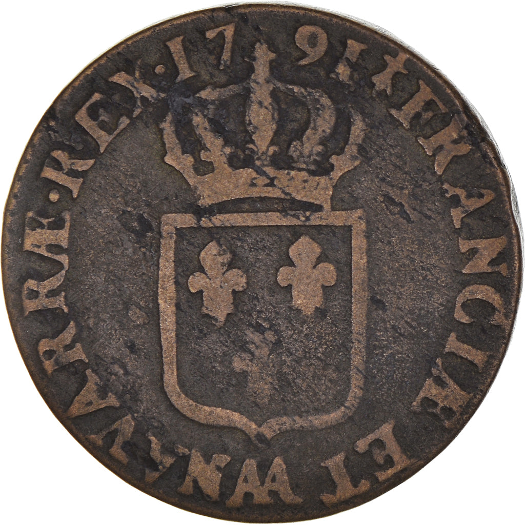 Moneta, Francia, Louis XVI, Sol à l'Ecu, 1791, Metz, MB+, Rame, Gadoury:350