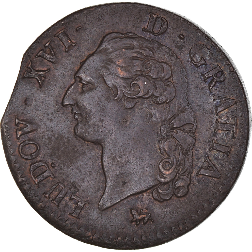 Monnaie, France, Louis XVI, Sol à l'Ecu, 1791, Paris, TTB+, Cuivre, Gadoury:350
