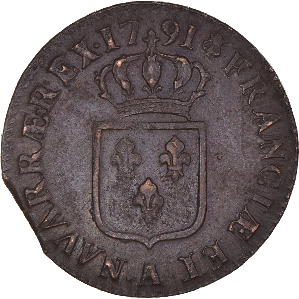 Monnaie, France, Louis XVI, Sol à l'Ecu, 1791, Paris, TTB+, Cuivre, Gadoury:350