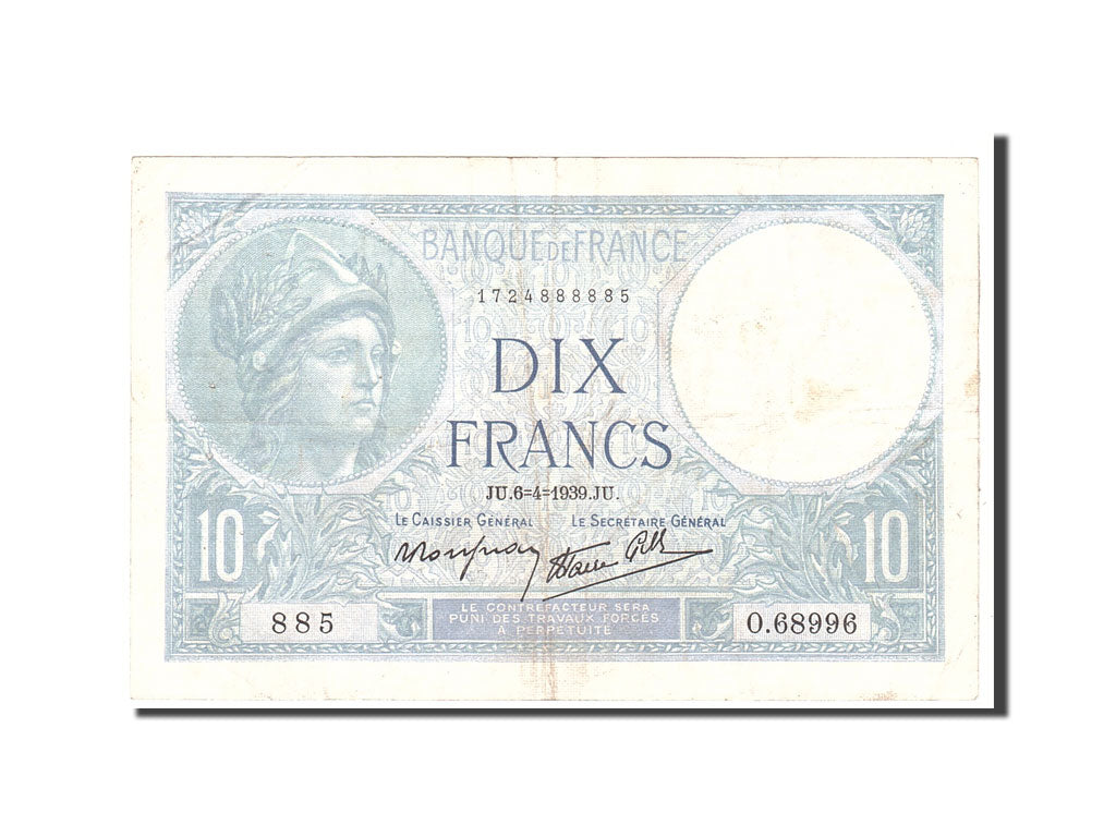 Francia, 10 Francs, 1939, KM:84, 1939-04-06, MB+, Fayette:7.2