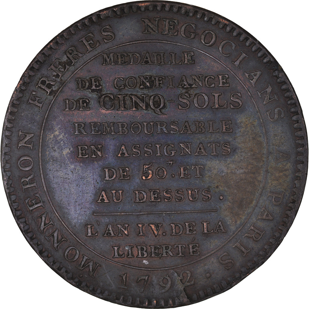 Moeda, França, Au serment, 5 Sols, 1792, Birmingham, AU(50-53), Bronze