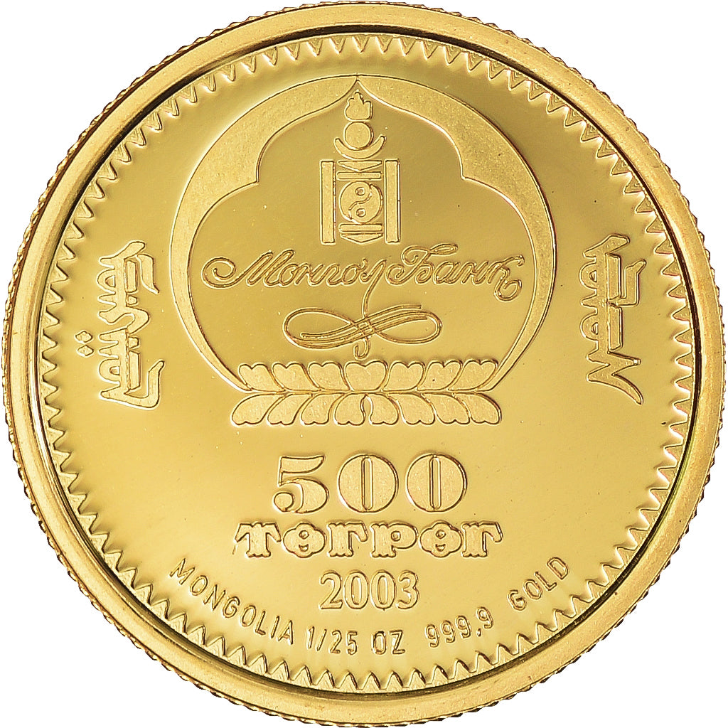 Coin, Mongolia, 500 Tugrik, 2003, Proof, MS(65-70), Gold, KM:207