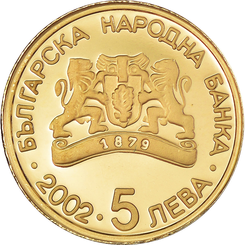 Coin, Bulgaria, Pierre de Coubertin, 5 Leva, 2002, Proof, MS(65-70), Gold